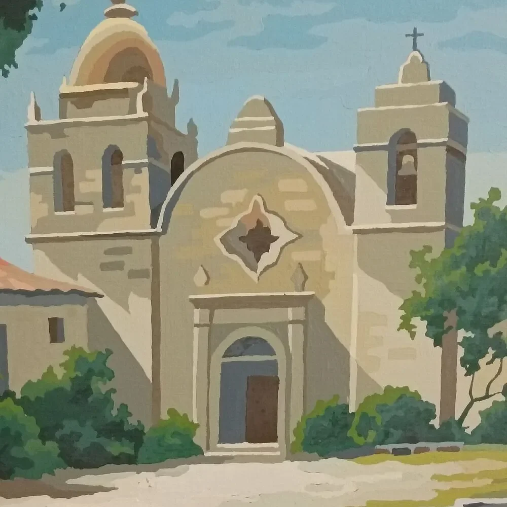 Large 27.5x21.5 Vintage Carmel Mission Basilica Painting in Wood Frame